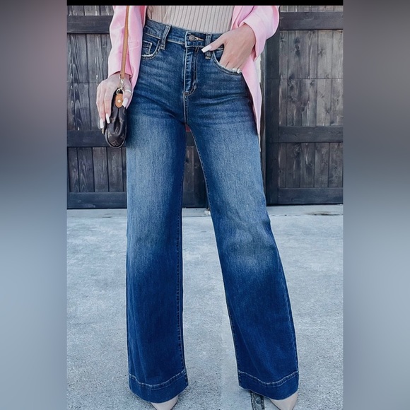 BLUE HIGH RISE WIDE LEG JEANS - Picture 2 of 2